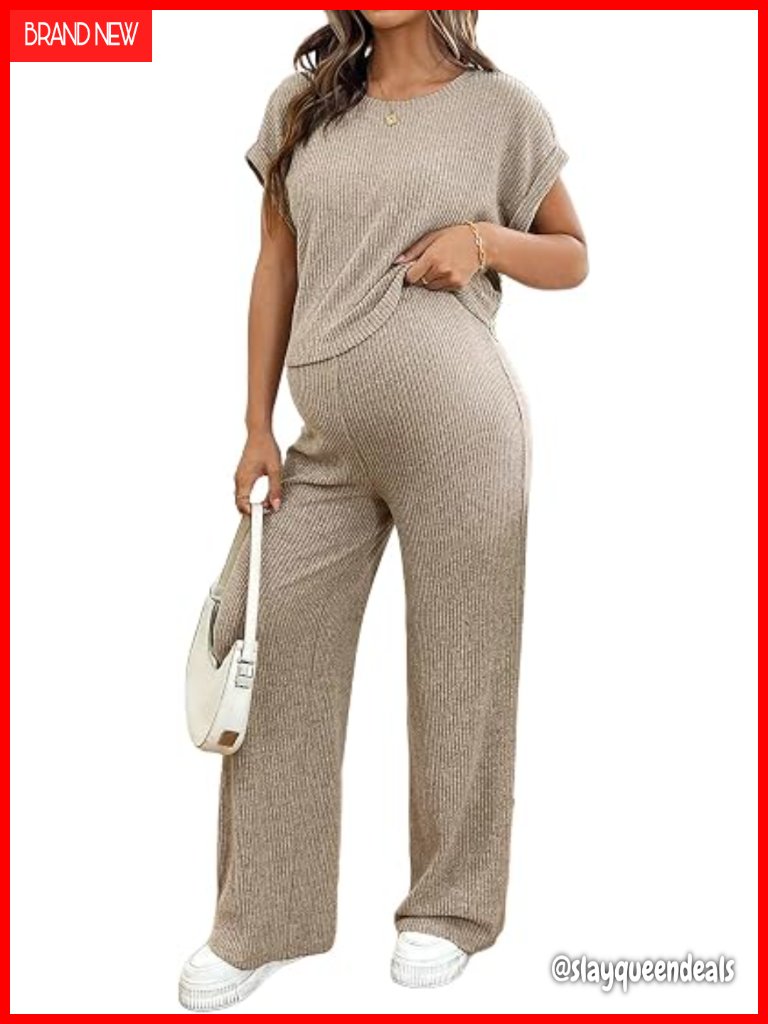 Ribbed Maternity Pajama Sets 2 Piece Lounge Outfit Short Sleeve Sleepwear